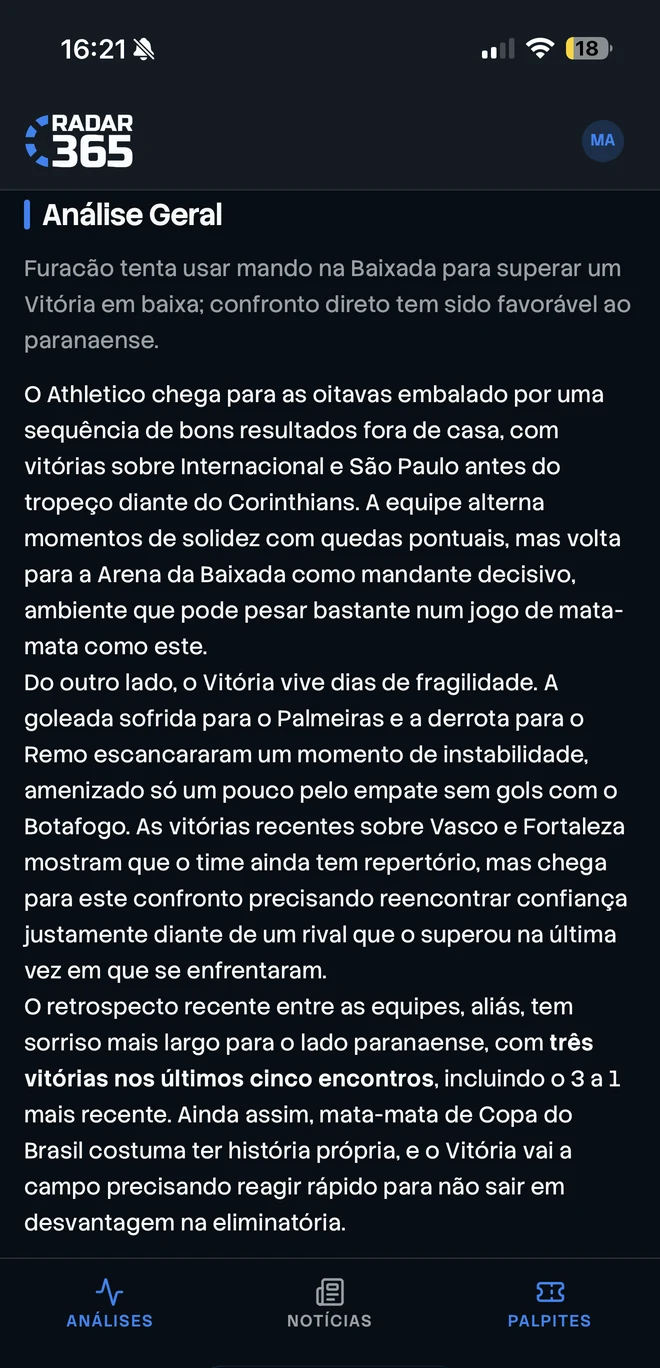 Análise geral em texto no Radar 365